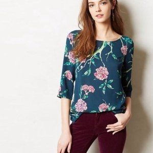 HD in Paris Anthropologie Green Floral 3/4 Sleeve Eira Blouse Size 2